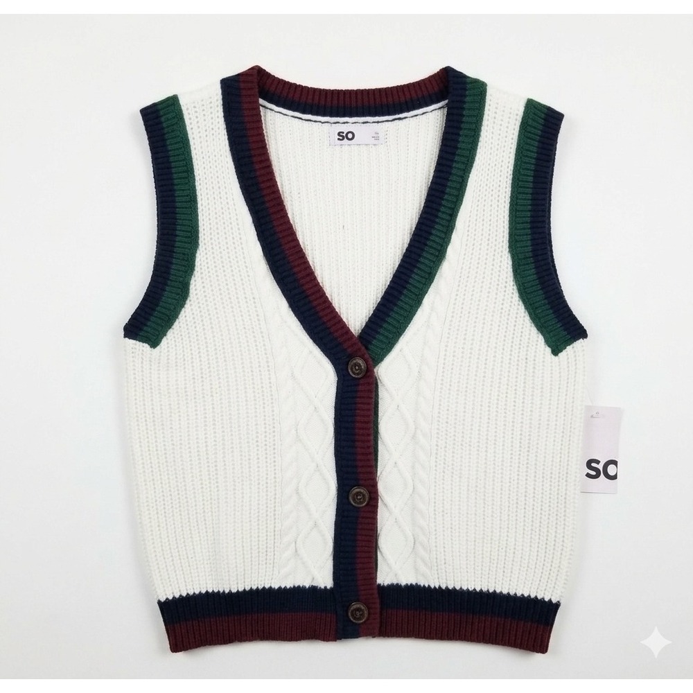 SO Womens Cable Knit Sweater Vest XL White Navy Burgundy Green Preppy Button  Up
